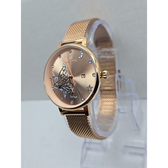 Naviforce NF5011L Rose Gold Butterfly Mesh Quartz Date Watch Womens New Battery - Picture 2 of 9